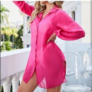 New Pink chiffon sheer button down beach cover up